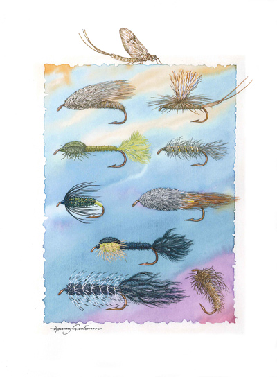 En vacker illustration av flugor och flugfiskekött mot en färgglad himmelbakgrund.