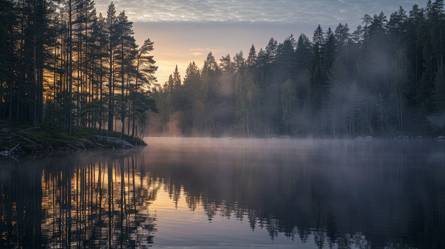 Morgonmistspegling i en stilla sjö omgiven av tät granbäck