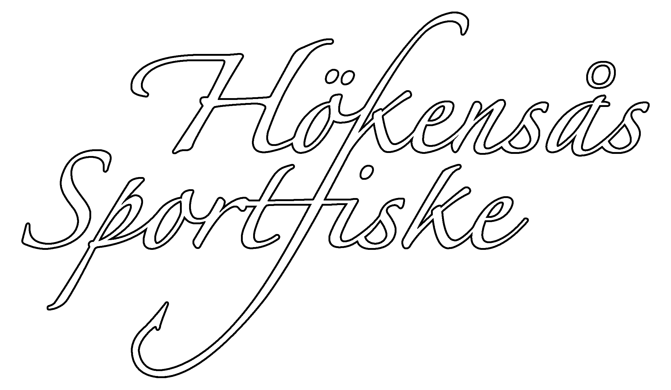 Elegant vit kalligrafi på svart bakgrund som säger 'Höksensås Sportfiske' med en hake i slutet.