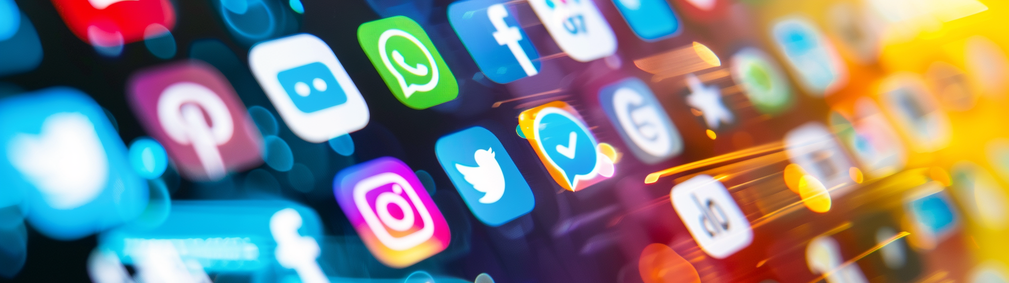 Färgglada sociala mediasymboler i rörelse på en mobilskärm.