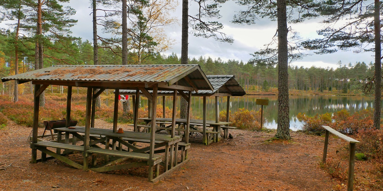 Trädgårdsställe vid sjö med träbänkar och tak, omgiven av höstfärgad skog.