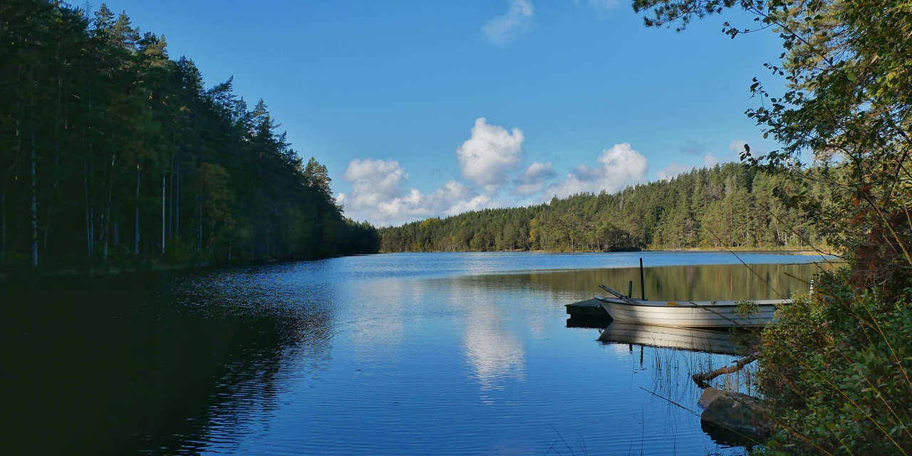 En stilla sjö omgiven av tät skog, med en vit båt vid kajen under en klarblå himmel.
