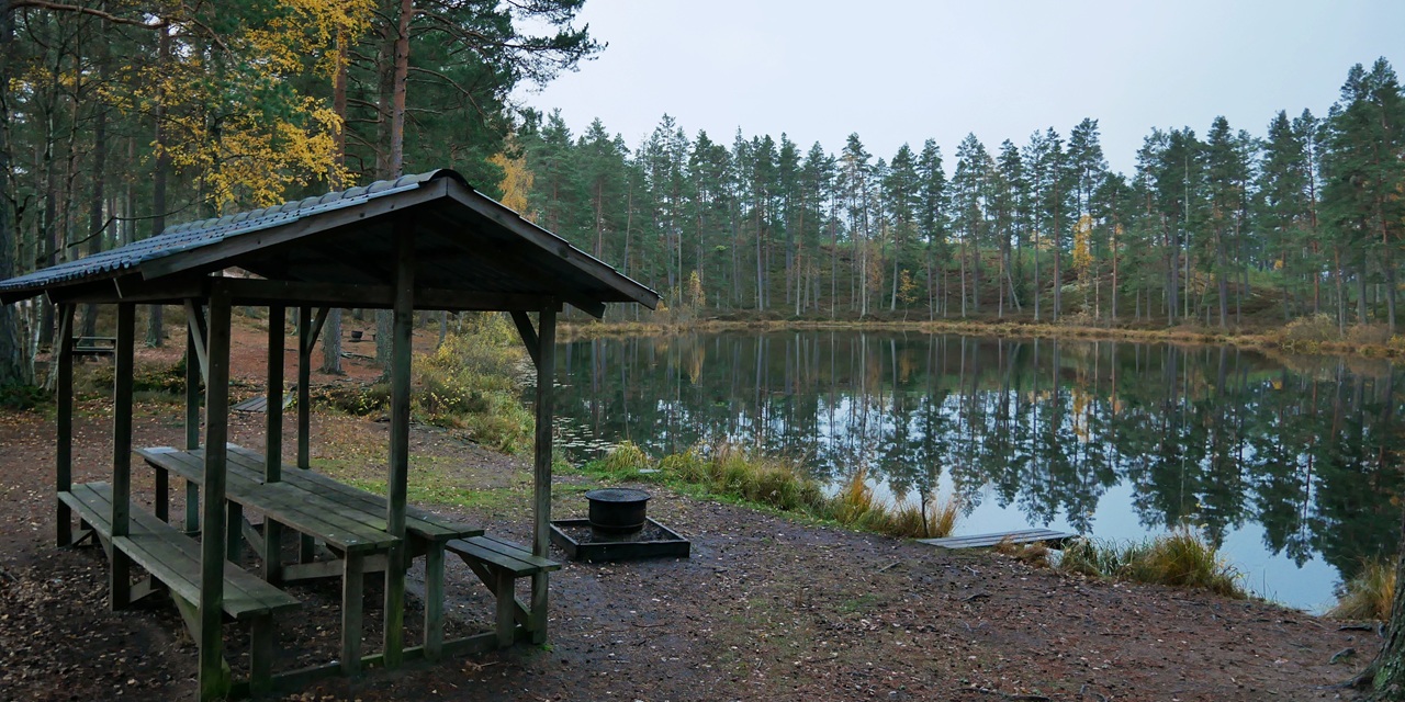 En trähylla vid en stilla sjö med spegelblank yta och skog i bakgrunden.