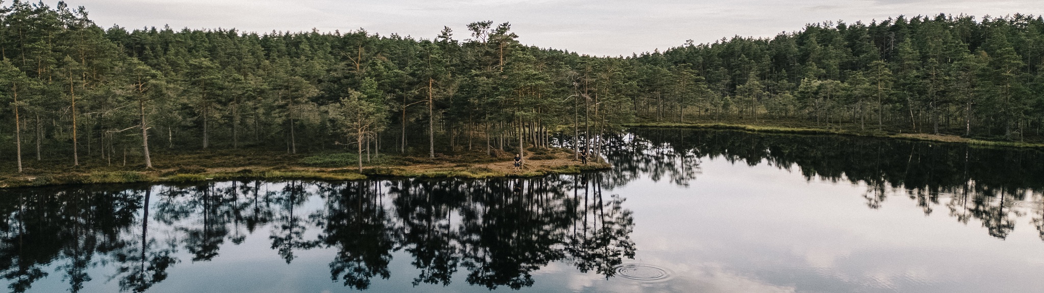 Två fiskare vid en stilla sjö med spegelblank yta och tät tallskog i bakgrunden.
